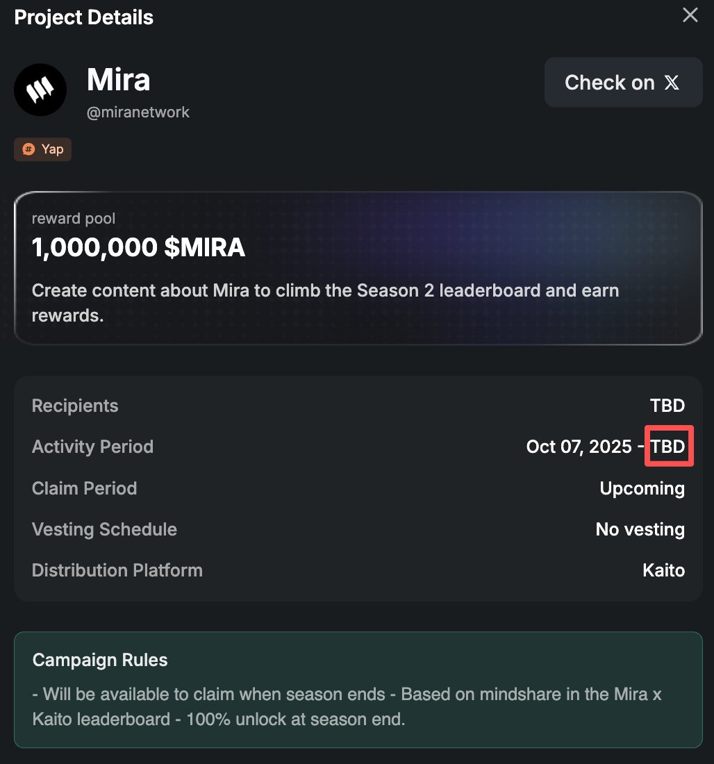 Kaito has officially removed all leaderboard rewards. And it makes me  wonder — after 3 months of Yaps for @miranetwork, what will we actually  receive? Maybe rewards. Maybe a different form of