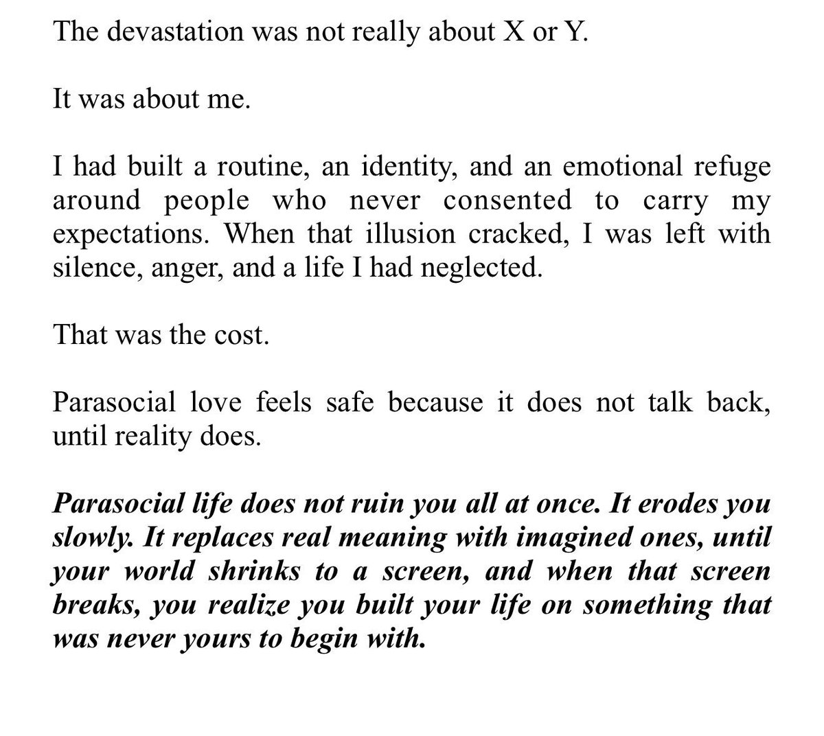 POV of a Parasocial Fan: “I mistook chemistry for commitment. I treated my assumptions as truth and punished them when reality refused to follow the script I wrote.”

dzayum this is SCARY as hell 💀