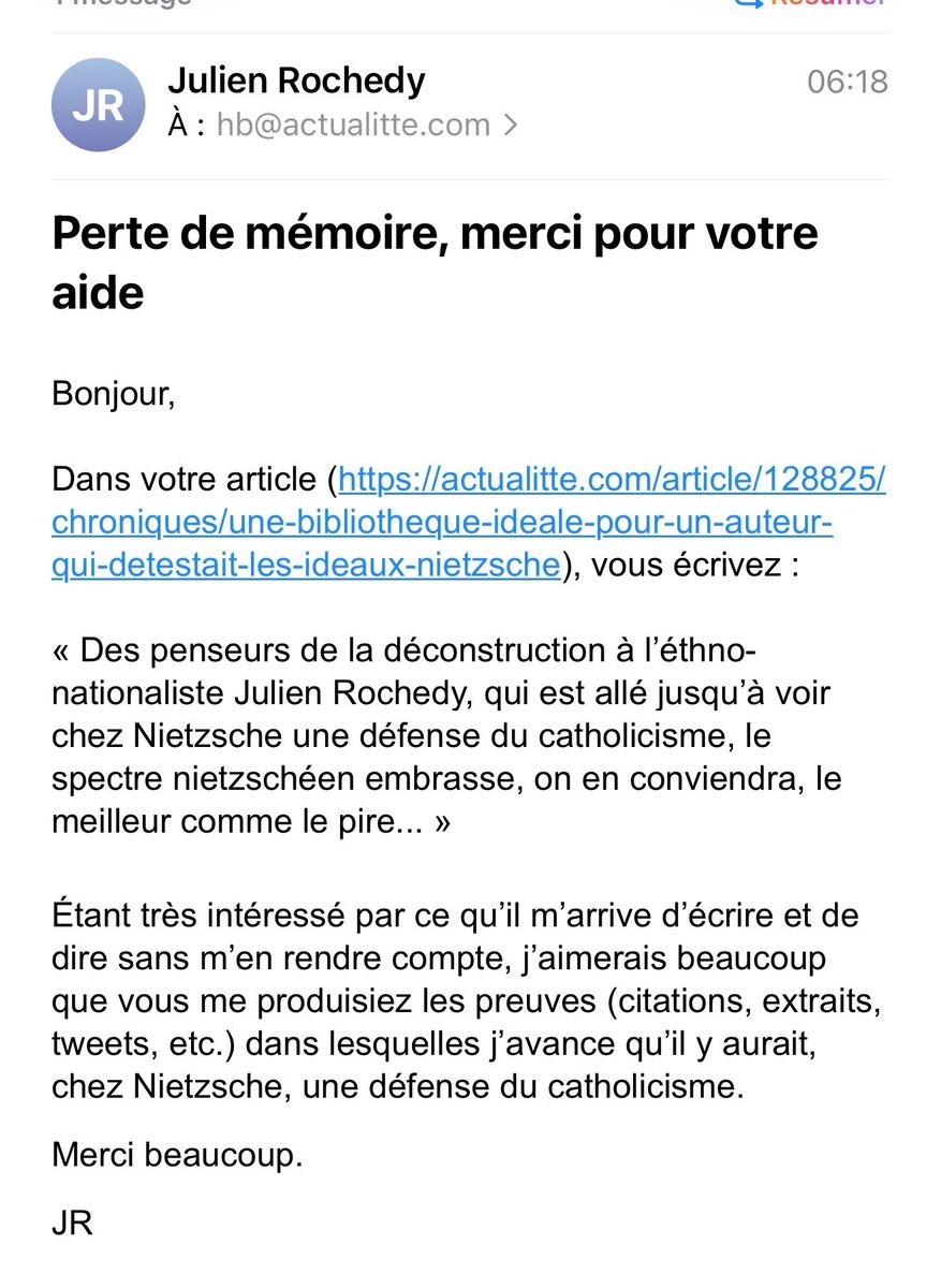 JRochedy's tweet image. Dans le genre de conneries que je dois me taper, en voilà une autre, largement diffusée dans les cercles gauchistes. 

J’aurais fait de Nietzsche un penseur chrétien. Tout cela parce que, incapables de nuance, ils ne comprennent pas que je peux, d’un côté, avoir été très…