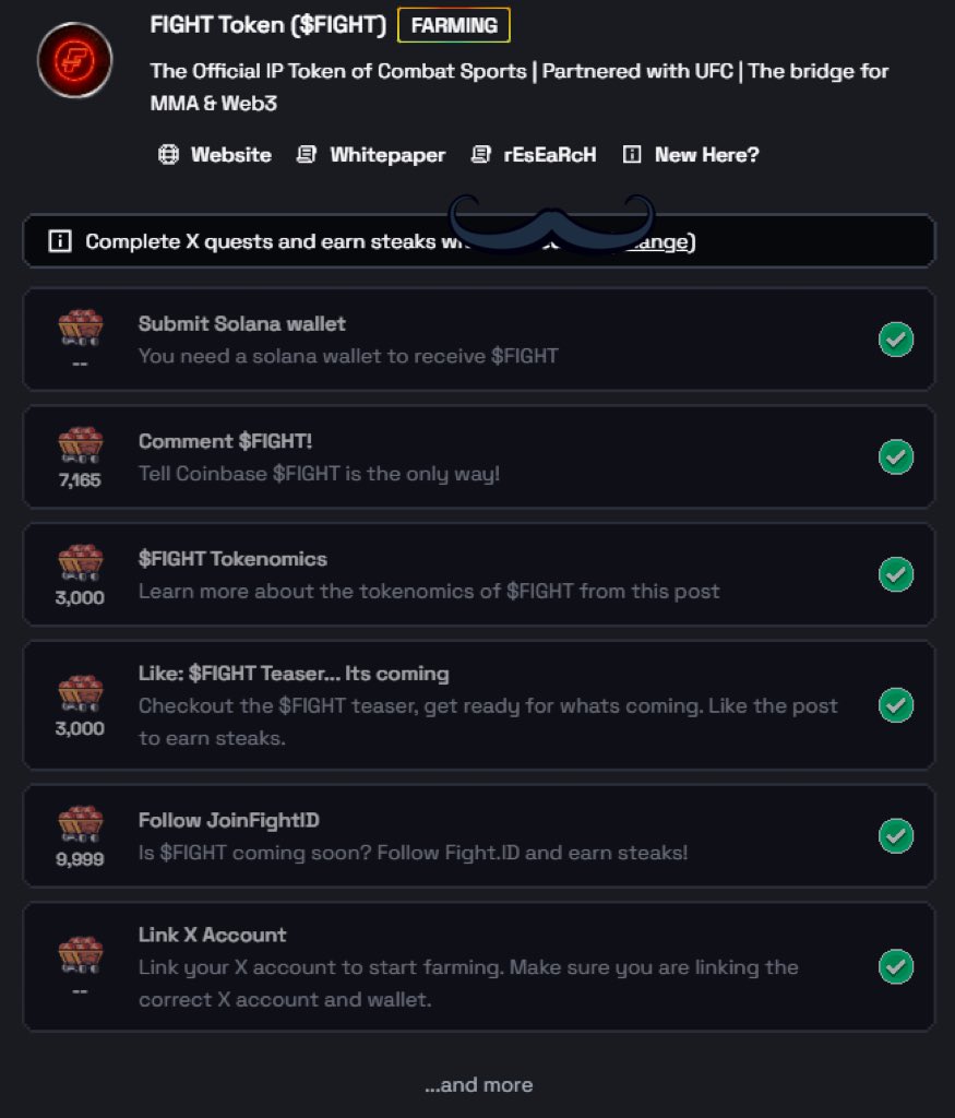 Earn stakeland steaks to get $FIGHT airdrop, TGE on January 22

Visit: stakeland.com/farm/fight
Connect X account 
Complete tasks
Submit solana wallet

Then you just gotta wait for rewards.