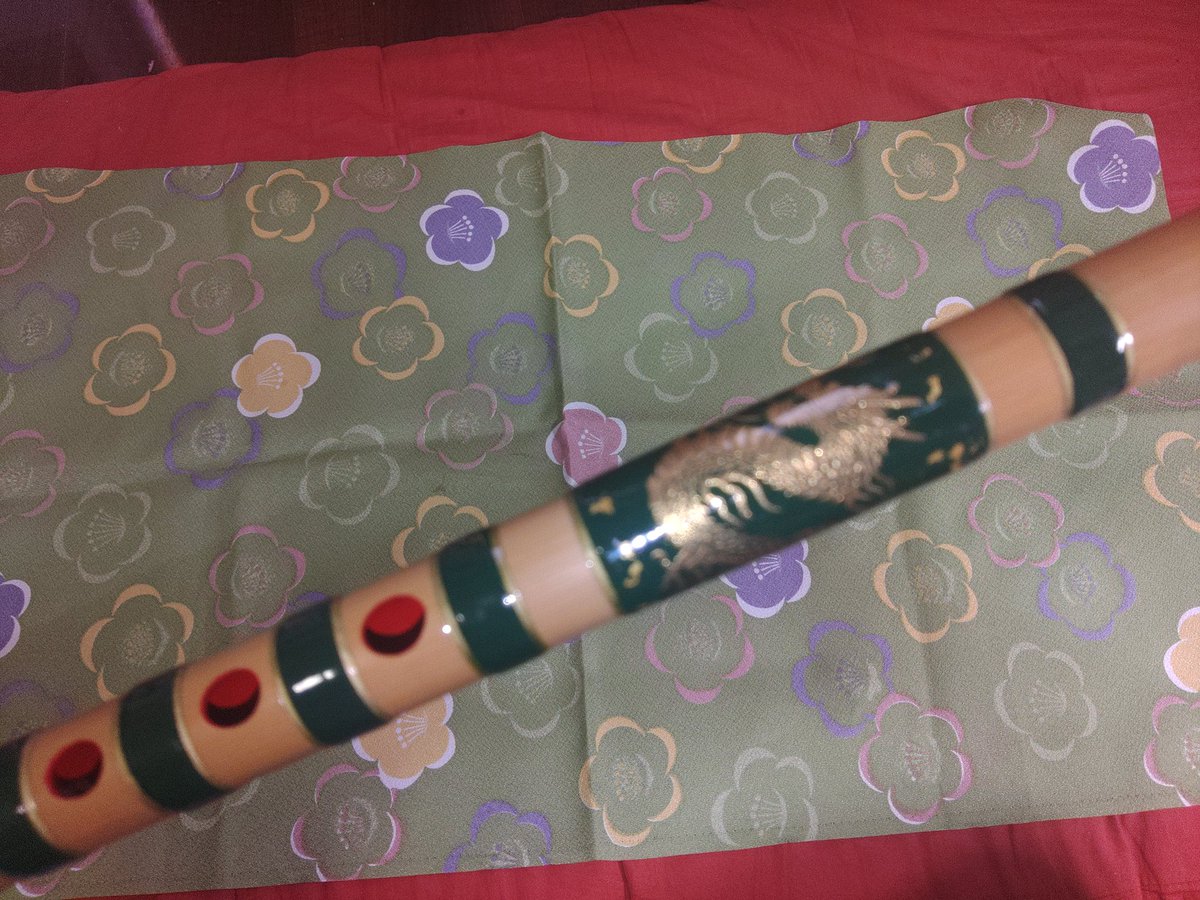 佐原囃子用篠笛 五本調子 総巻濃緑金副輪管頭源氏車胴金龍金箔散らし