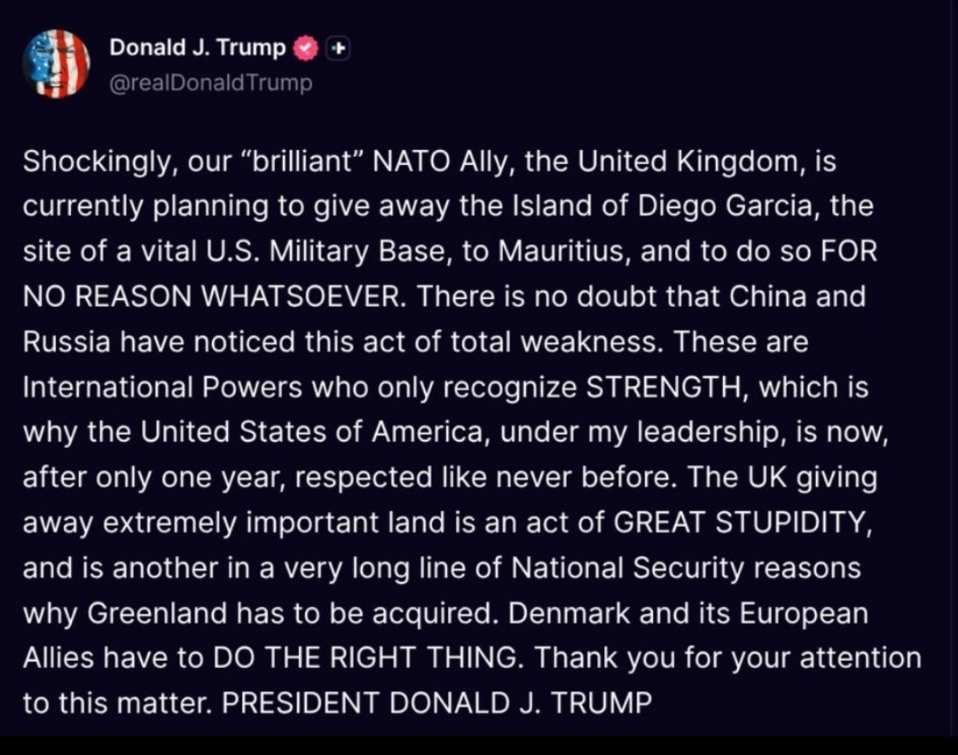 AzeemIbrahim's tweet image. Trump is spot on about Diego Garcia: handing #Chagos sovereignty to Mauritius risks Chinese influence over this critical US-UK base, costs the UK billions in lease payments, and shows weakness with zero upside. Keep control firm! #ChagosIslands