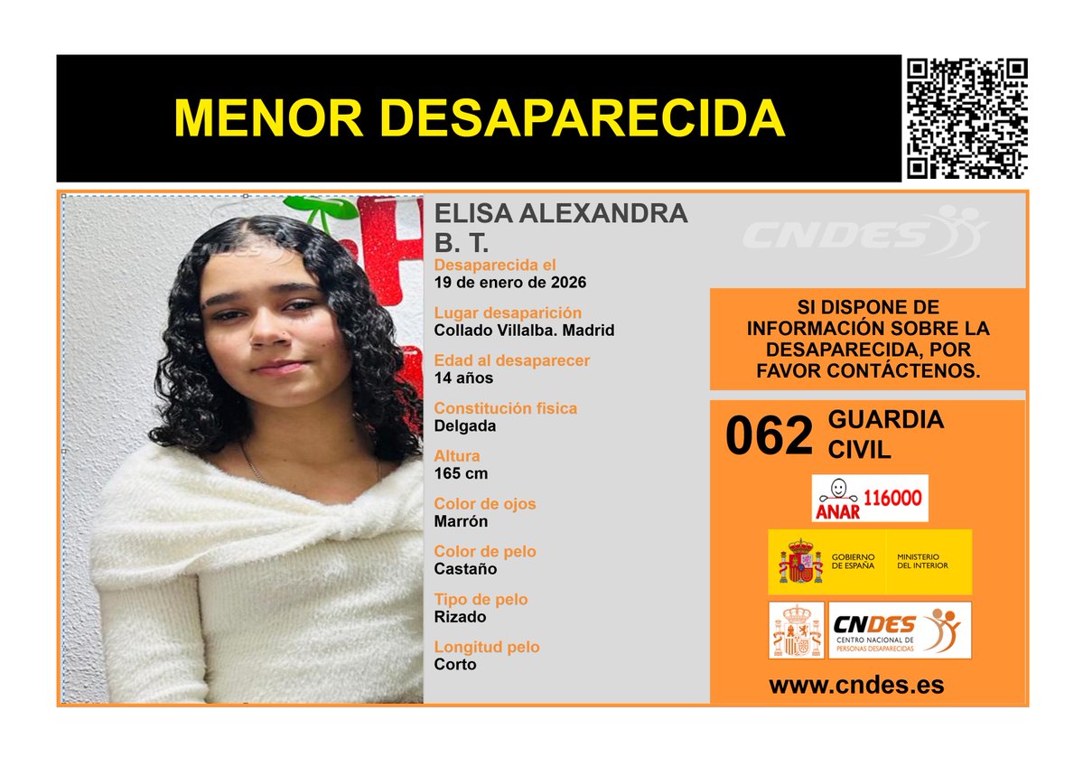 ⚠️🚺MENOR DESAPARECIDA🚺⚠️
Edad  14 años
🧐Última localización #ColladoVillalba #Madrid
Ayúdanos➡️comparte 📲
Si crees haberla visto 📩 cndes-web.ses.mir.es/publico/Desapa…
📞062 <a href="/guardiacivil/">Guardia Civil</a>
☎️116000 ANAR
<a href="/cndes_oficial/">CNDES</a> #menor #desaparecida