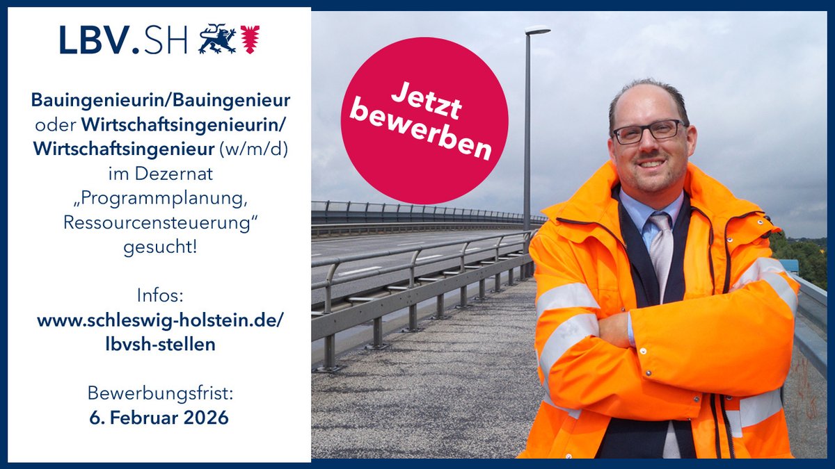 Bauingenieurin/Bauingenieur oder Wirtschaftsingenieurin/Wirtschaftsingenieur (w/m/d) im Dezernat „Programmplanung, Ressourcensteuerung“ am Standort Lübeck gesucht!
Weitere Infos: schleswig-holstein.de/lbvsh-stellen
