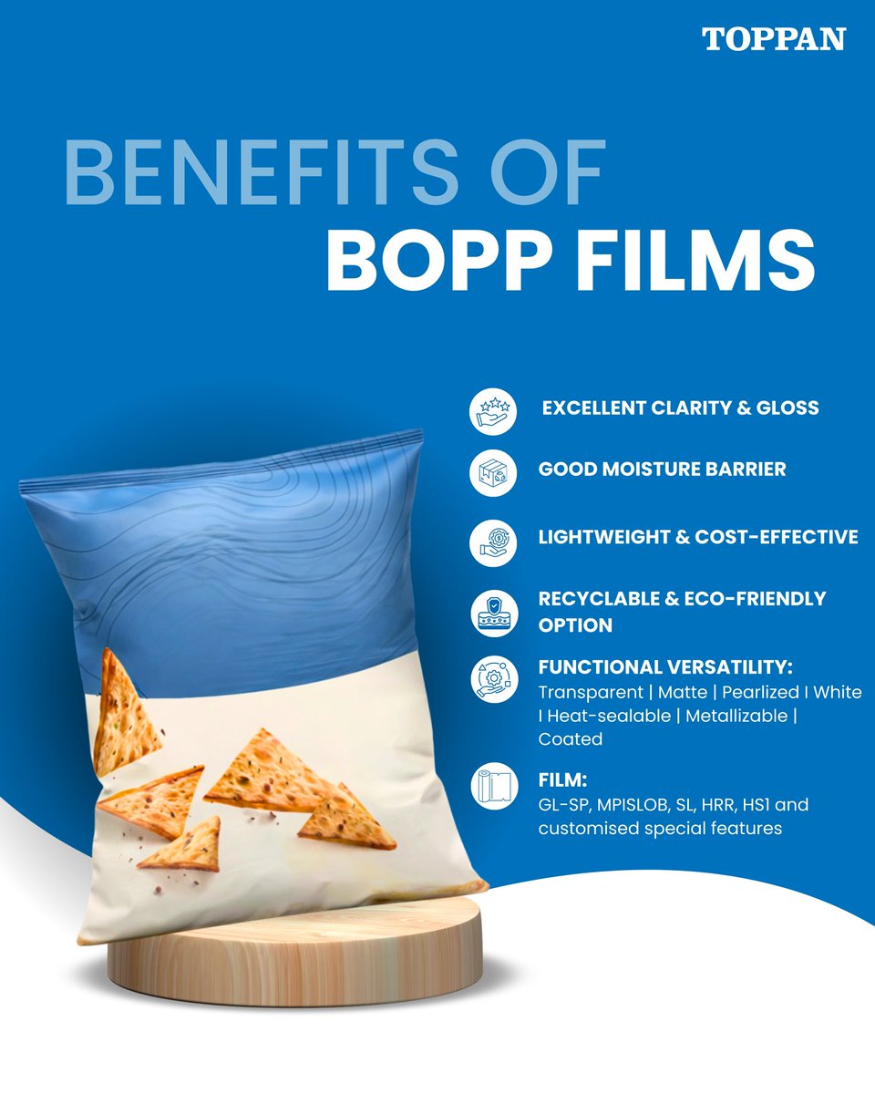TSF_CorpComm's tweet image. BOPP films offer the perfect balance of clarity, performance, and sustainability.
From excellent gloss and moisture barrier to lightweight, recyclable structures, BOPP films support versatile and cost-effective packaging across applications.