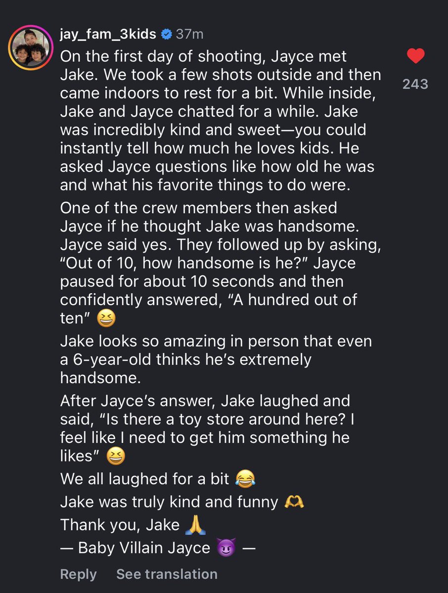 Charlot02655183's tweet image. The mom of Jayce, who is the kid actor in the mv ‘knife’, left a comment under Jake &amp;amp; Sunghoon’s Day2Night video on Instagram.

🔗 instagram.com/reel/DTt4-Fzkg…

She sheared a lovely episode between JAKE and Jayce. ‘A hundred out of ten handsome man’ 😆😆😆

#JAKE #ENHYPEN_JAKE #제이크…