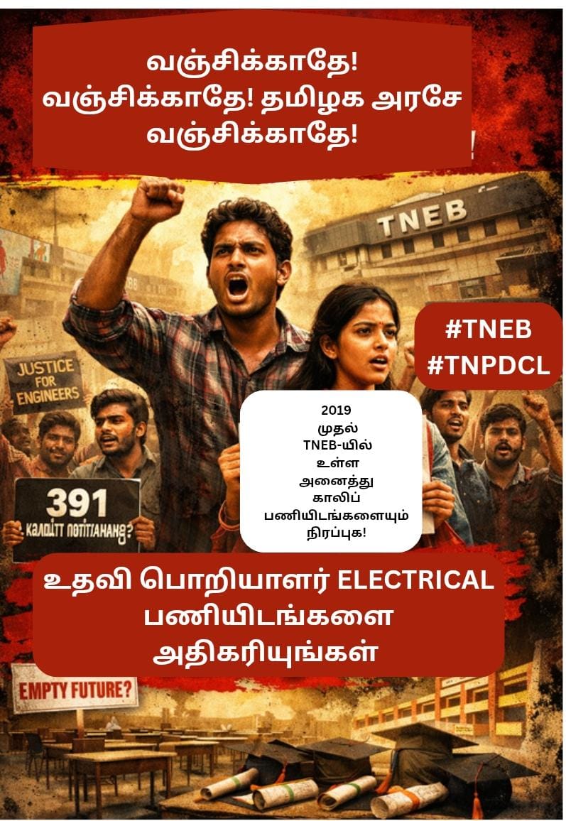 ekavira_abhs's tweet photo. வஞ்சிக்காதே! வஞ்சிக்காதே! தமிழக அரசே வஞ்சிக்காதே!
தொழில்நுட்பத் தேர்வுகளுக்கான TNEB காலிப் பணியிடங்களை அதிகரிக்காமல்மாணவர்களை வஞ்சிக்காதே!
2019 முதல் TNEB-யில் உள்ள அனைத்துகாலிப்பணியிடங்களையும் நிரப்புக! @TNPSC_Office @TANGEDCO_Offcl @CMOTamilnadu @Udhaystalin @mkstalin https://t.co/wuPVxi8W52