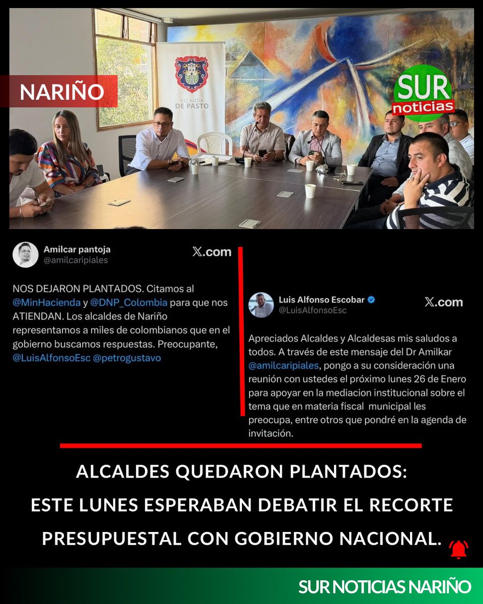 surnoticiashoy's tweet image. 🚨 #Nariño | Los alcaldes se reunieron en Pasto para exigir respuestas por el recorte al (SGP) 2026. Esperaban a la directora del @DNP_Colombia y al @MinHacienda, pero no asistieron. Advierten riesgo para servicios básicos y la estabilidad financiera de los municipios.