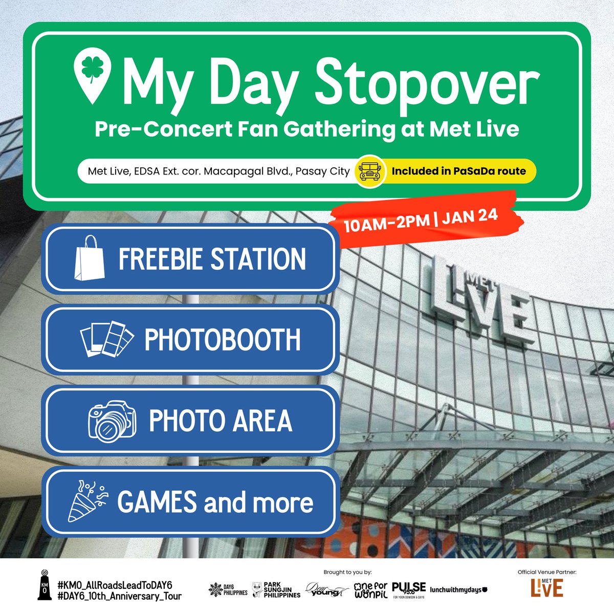 DAY6Philippines's tweet image. Let’s make a STOP OVER before the concert! 🚏✨

Introducing My Day Stopover, our pre-concert fan gathering at Met Live on Jan 24, 10AM–2PM before we head to the concert venue! Come hang out and meet fellow My Day.

Worried about transpo? Our PaSaDa jeepney includes pick up and…