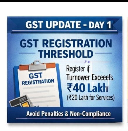 carajendra89's tweet image. GST UPDATE – DAY 1

Topic: GST Registration Threshold Limit
Businesses must register under GST if aggregate turnover exceeds ₹40 lakh (₹20 lakh for services), subject to exceptions.

Early registration avoids penalties and compliance issues.

#GSTUpdate #Day1 #GSTRegistration