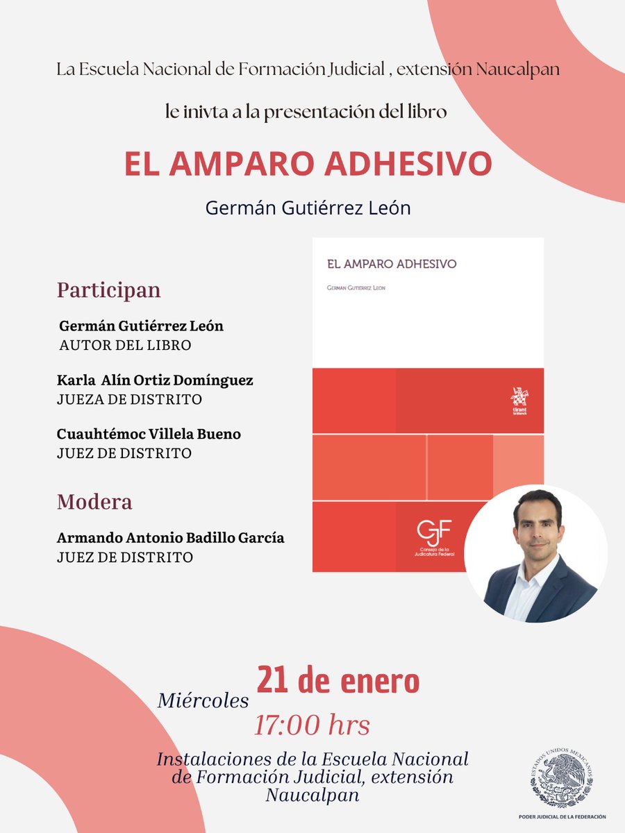 badipostal's tweet photo. El amparo adhesivo es un medio de impugnación extraordinario y accesorio, que busca conservar el acto reclamado.

Su técnica se ha ido construyendo jurisprudencialmente; hoy día existen múltiples criterios interpretativos sobre su regulación en la #leydeamparo , sin embargo, las primeras tesis fueron acuñadas previamente a la norma reglamentaria. 

Acompáñanos a reflexionar 💭🧠 sobre esta interesante figura este próximo miércoles en punto de las 17:00 horas, de la mano del Juez de Distrito @GermanGtzL, autor de una de las obras pioneras en este campo, que va en su segunda edición.

🎯 Escuela Nacional de Formación Judicial, extensión #naucalpan

🗓️ 21.1.2026

🕔 17:00 horas