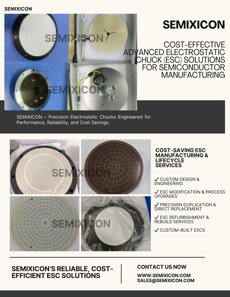 AdrianZhang568's tweet photo. SEMIXICON:CostEffective Advanced Electrostatic Chuck(ESC)Solution
https://t.co/orms06wB3l
#ElectrostaticChuck #ESCManufacturer #ESCSupplier #CostEffectiveESC #SemiconductorESC #WaferChuck #VacuumChuck #PlasmaEtchChuck #CVDChuck #PVDChuck #ALDChuck #IonImplantationChuck #HeatedESC https://t.co/DsoCRULpIr
