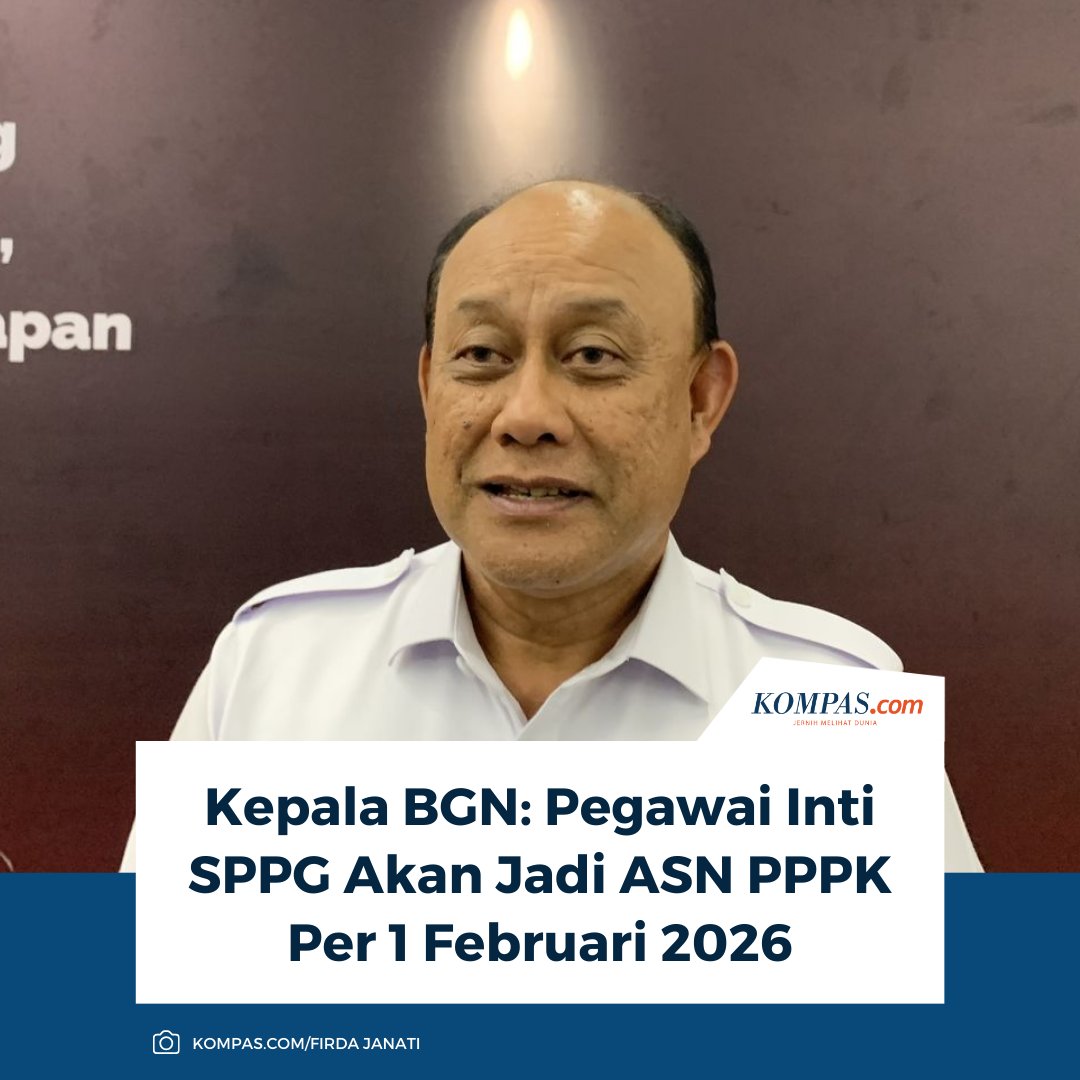 kompascom's tweet image. "Hampir seluruh kepala SPPG, ahli gizi, dan akuntan yang sudah lama beroperasi nanti akan jadi ASN PPPK per tanggal 1 Februari. Yang menjadi pegawai inti Badan Gizi di setiap SPPG itu ada tiga, kepala SPPG, ahli gizi, dan akuntan, relawan itu adalah komponen dari mitra. Tiga…