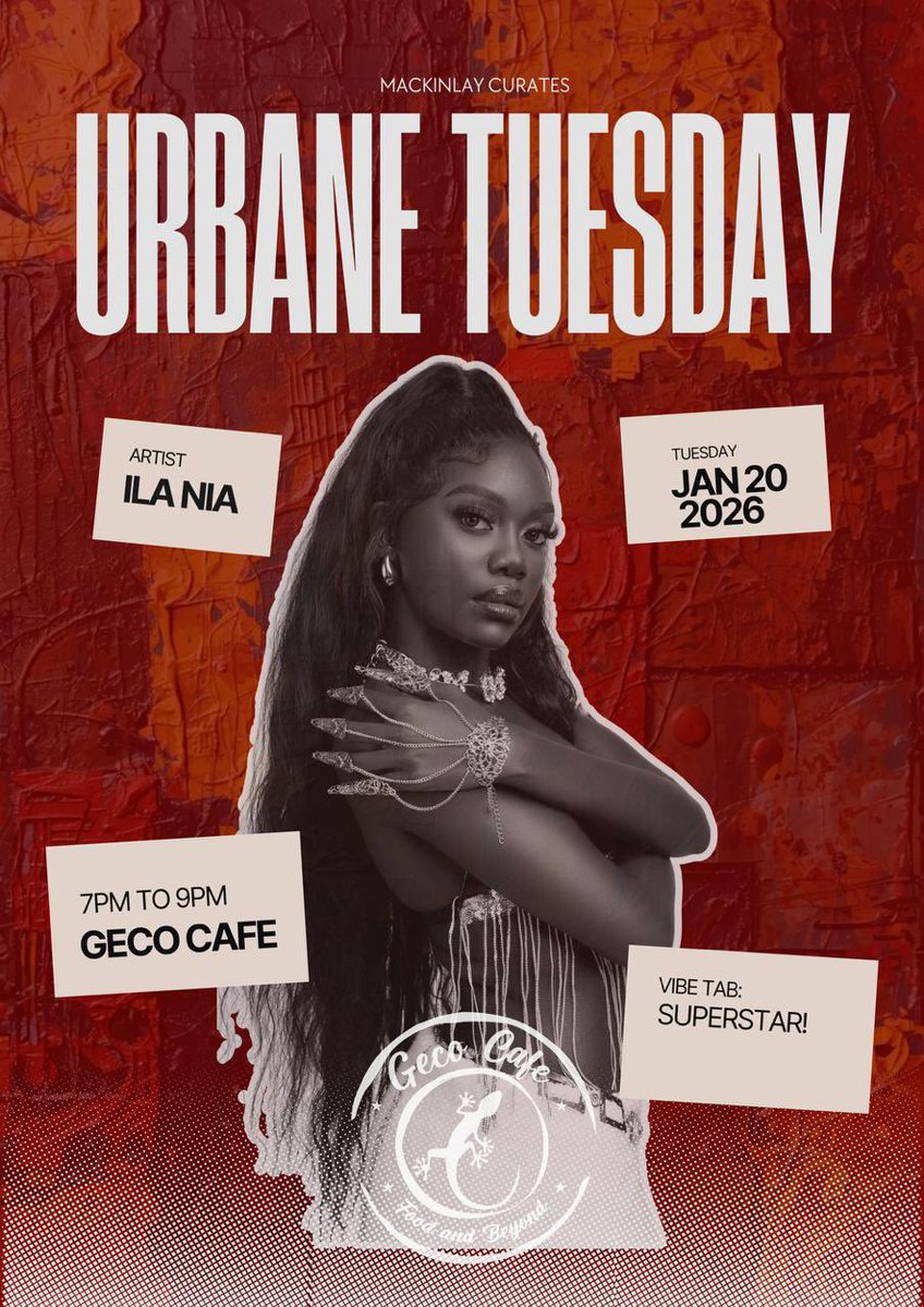 nairobinow's tweet photo. #Nairobi: Urbane Tuesday w/ Ilania, Jan. 20 2026 @ Geco Cafรฉ - #Lavington.
Date: January 20, 2026
Venue: Geco Cafรฉ
Time: from 7 PM
Entry: Free
Produced by @Mackinlay_Music. https://t.co/xJOvqkomPA