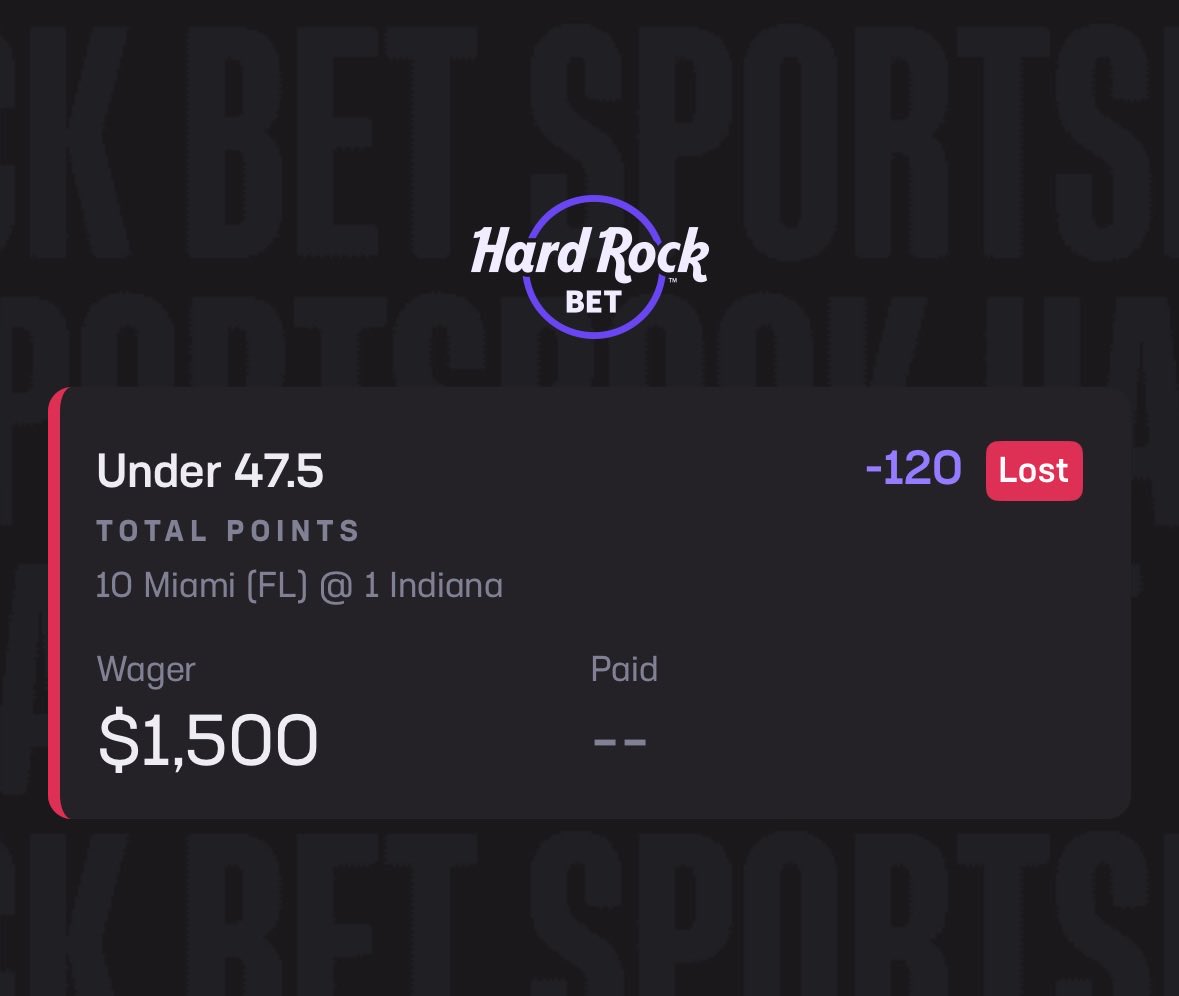 DFSBets23's tweet photo. Miami Hurricanes vs Indiana Hoosiers Under 47.5 Points 🗑️❌

By the hook ��🤮 https://t.co/csSB5sALCH