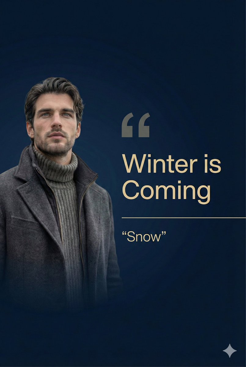 iamrealsnow's tweet photo. Create with Nano Banana pro in Gemini App
.
Prompt:
Create a premium editorial quote card (Instagram portrait format) featuring a realistic portrait on the left and the quote on the right. The text area should take about two-thirds of the image and the portrait about one-third, with a smooth gradient transition that blends the portrait edge into the background. Use a deep midnight navy background with a subtle gradient (e.g., #07162A → #0B2340). Set the quote text in soft champagne gold (e.g., #E6D3A6) — not orange, not bronze. Use the same champagne tone (or a slightly lighter off-white) for the thin divider line and the author name. Add a large, subtle opening quotation mark in a very low-opacity champagne tint (10–15%). Important: avoid brown/sepia/tan tones completely. Typography (match premium quote-card design): Use a clean, modern geometric sans-serif for the quote (Helvetica/Neue-style, Gotham-style, or similar), with medium weight for the main quote and lighter weight for the author line. Keep it extremely legible (no decorative serif fonts, no script, no heavy stylization). Use generous line spacing and consistent left alignment. Text (must be EXACT, do not change any words, punctuation, capitalization, or spacing): "Winter is Coming" Author line (smaller, exact): “Snow” Layout: Place oversized opening quotation marks near the top-left of the text block. Place the quote beneath it, left-aligned. Near the bottom-left of the text block, add a thin horizontal line and place the author name under it. Keep ample padding around all text. No extra icons, logos, hashtags, or additional text. Output: Create a portrait image at 1080×1080 optimized for Instagram, with crisp, sharp, perfectly readable text and a polished magazine-style finish.