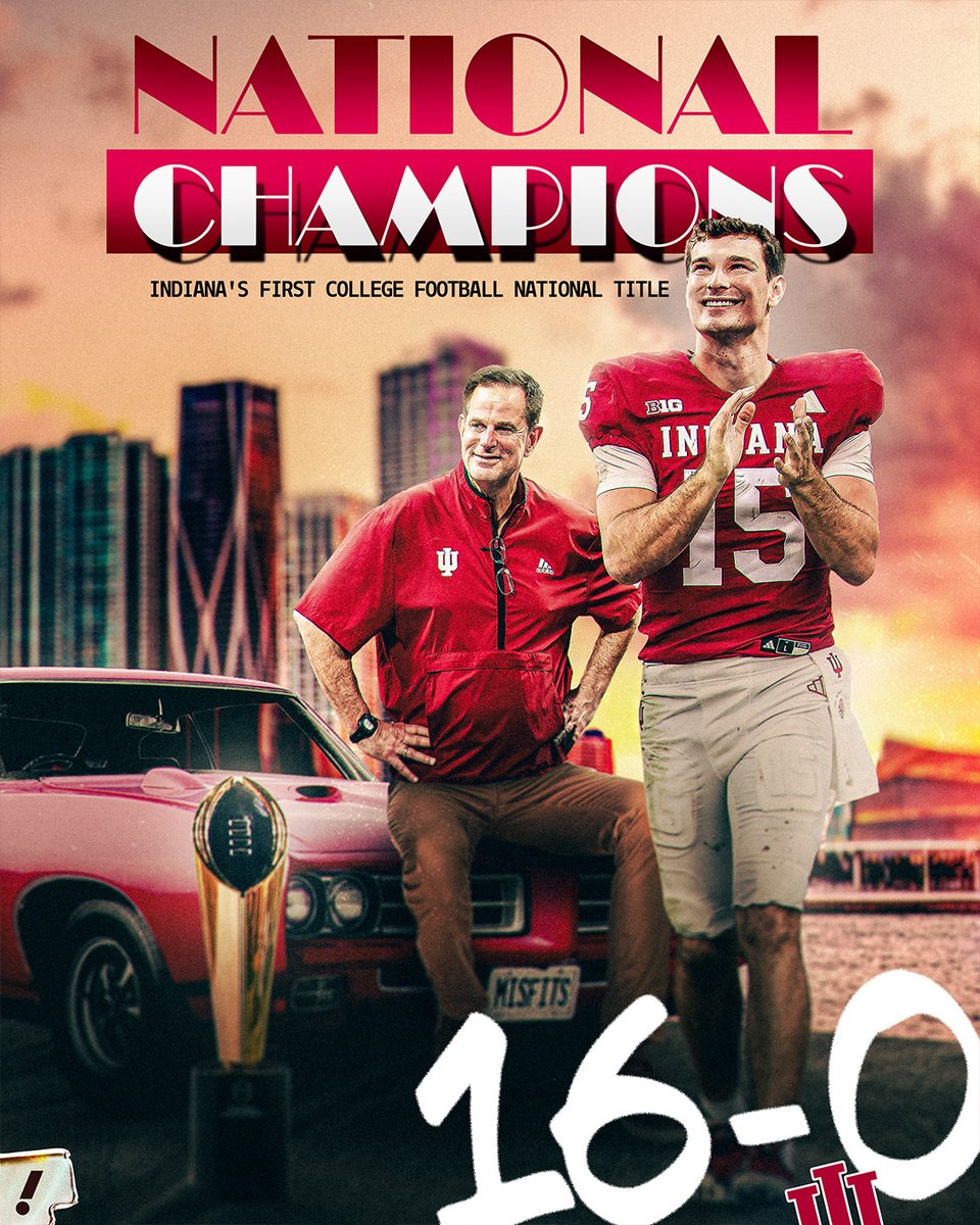 YahooSports's tweet photo. INDIANA IS FINALLY A NATIONAL CHAMPION 🏆

The Hoosiers beat Miami 27-21 to cap off a historic 16-0 season to win its first championship in program history 👏 https://t.co/kVYjE9YHNZ