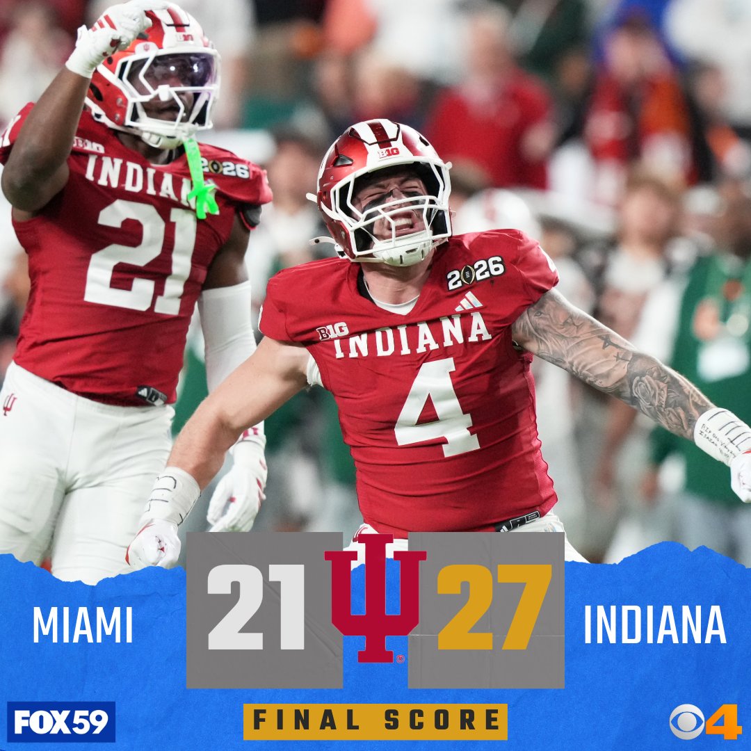 CBS4Indy's tweet photo. Cream ⚪ Crimson 🔴CHAMPIONS 🏆

Indiana Hoosiers cap off an undefeated season with a CFP National Championship! The Hoo-Hoo-Hoo-Hoosiers ascend to the throne in college football 🏈👑 https://t.co/RvBSGucrqC