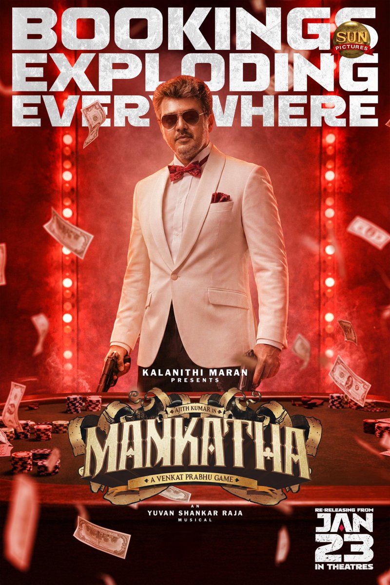 Bookings Exploding Everywhere 💥🔥 Book your tickets and join Vinayak Mahadev’s game! 🎯😎 #Mankatha

#Mankatha in theatres from January 23 

#AjithKumar <a href="/vp_offl/">venkat prabhu</a> <a href="/thisisysr/">Raja yuvan</a> <a href="/akarjunofficial/">Arjun</a> <a href="/trishtrashers/">Trish</a> <a href="/actor_vaibhav/">Vaibhav</a> <a href="/Premgiamaren/">PREMGI</a> <a href="/AshwinKakumanu/">Ashwin Kakumanu</a> <a href="/MahatOfficial/">Mahat Raghavendra</a>