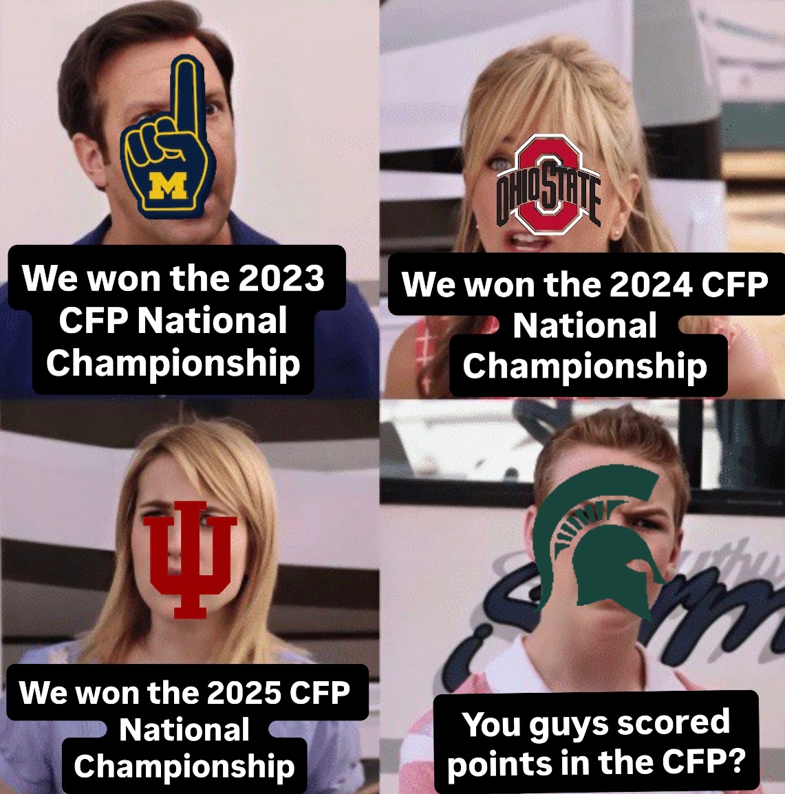 Want to pop on here really quick to congratulate Indiana on a fabulous football season. Arguably the best season ever. Kudos!!!

On another note, the Hoosiers won the CFP National Championship before Michigan State scored a CFP point. That has to sting. 🙂
