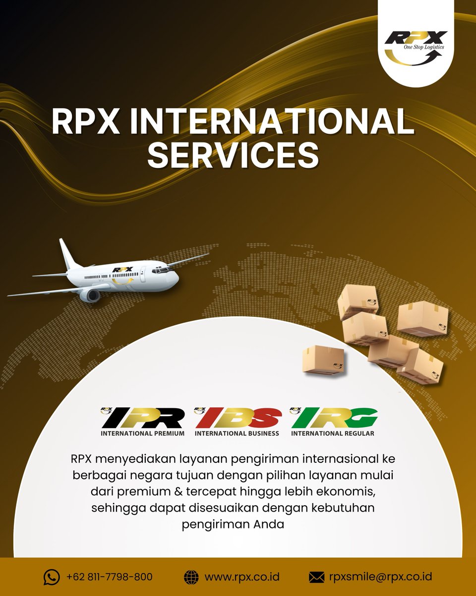 Kirim ke luar negeri jadi lebih mudah dengan pilihan layanan internasional dari RPX: 🌍✈️
1. IPR (International Priority)
2. IBS (International Business)
3. IRG (International Regular)

Pilih layanan yang sesuai kebutuhan pengiriman kamu ya! 🤝
#KirimPaketRPX #KirimInternasional