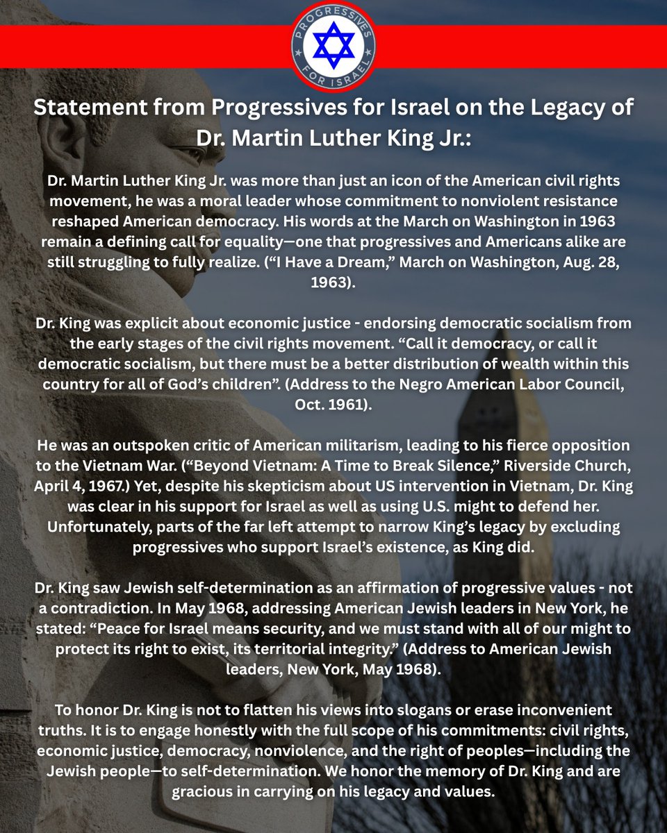 Progrs4Israel's tweet photo. Our statement on the legacy of Dr. Martin Luther King Jr.

#ProgressivesForIsrael #MLKDay https://t.co/Fw0K7IIe1Y
