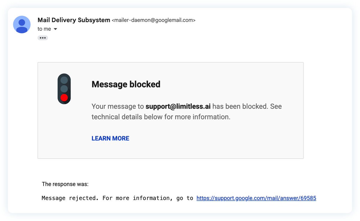sbzhouhao's tweet photo. Hi @LimitlessAI , I was reaching out to unpair my pendant from your side since I migrated to a new phone. But the support@limitless.ai blocks my emails.

Could you please help here? Or give me another email, so I can send you the Serial Number.

Thank you 

cc @mzu_maclean https://t.co/3aDPQQCPPm