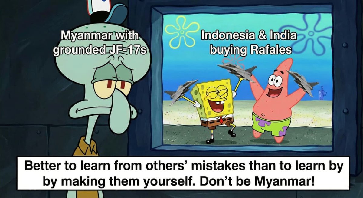 Kashmirdevelop's tweet image. Myanmar with grounded JF-17 junkers crying in the corner 
Indonesia &amp;amp; India flexing fresh Rafales like bosses 
Lesson: Don't buy hype learn from others' epic fails. Stay away from that Thunder trap! #PakEconomicRegression #FasicsmUnderAsimLaw #ScienceAndSpirituality