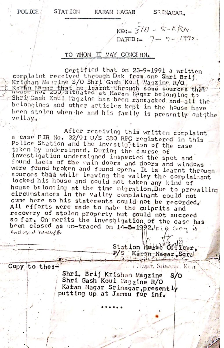 AanchalMagazine's tweet photo. After exodus from #Kashmir, Sep 1991, my granduncle filed FIR for theft in our house in Karan Nagar, Srinagar. A year later, Sep '92, SHO wrote: locks of main doors and doors &amp; windows were found broken and open. Unable to nab the culprits, police closed the case #KashmiriPandits https://t.co/U8UjNjw2P2