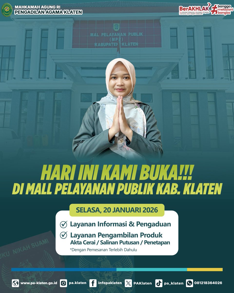 PAKlaten's tweet photo. 𝐇𝐀𝐑𝐈 𝐈𝐍𝐈 𝐊𝐀𝐌��� 𝐁𝐔𝐊𝐀 𝐃𝐈 𝐌𝐏𝐏 𝐊𝐋𝐀𝐓𝐄𝐍

Hallo #SobatMERAPI

Hari  ini kami buka pelayanan di Mall Pelayanan Publik Kabupaten Klaten. Buat  kamu yang butuh pelayanan dari kami, bisa juga ke MPP Klaten ya! https://t.co/xlTRdFhLvO