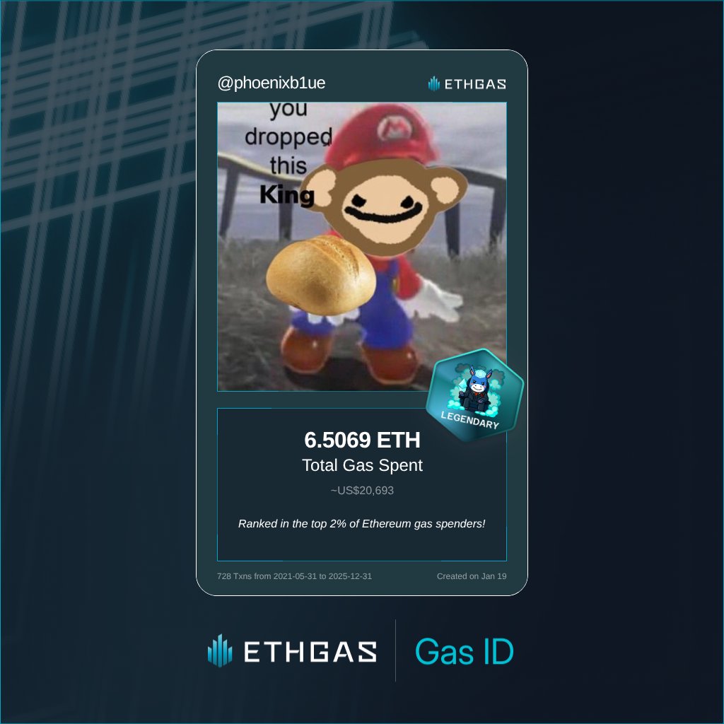 Leveled up in the Great Gas Reckoning with ETHGas! 💪

Legendary Jack status: 6.5069 ETH gas spent, 4000 Beans earned—supporting the Gasless Future!

Claim your Gas ID at ethgas.com/community/gas-…