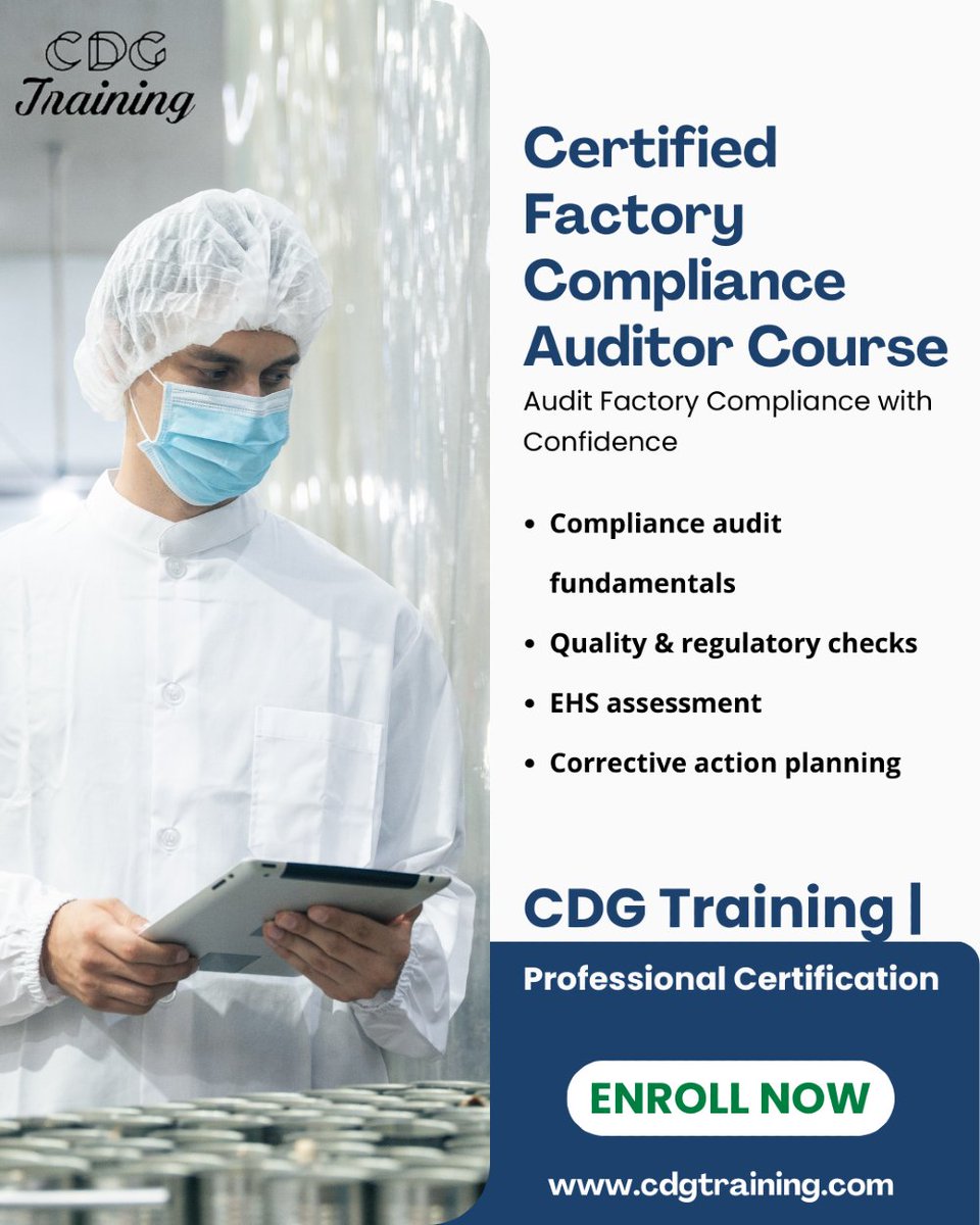 cdgtrainings's tweet image. Certified Factory Compliance Auditor course

Enroll here:
cdgtraining.com/courses/Factor…

#factoryaudit #complianceaudit #qualityassurance #manufacturingcompliance #audittraining #EHS #regulatorycompliance #operationsmanagement #supplychain #professionalcertification #cdgtraining