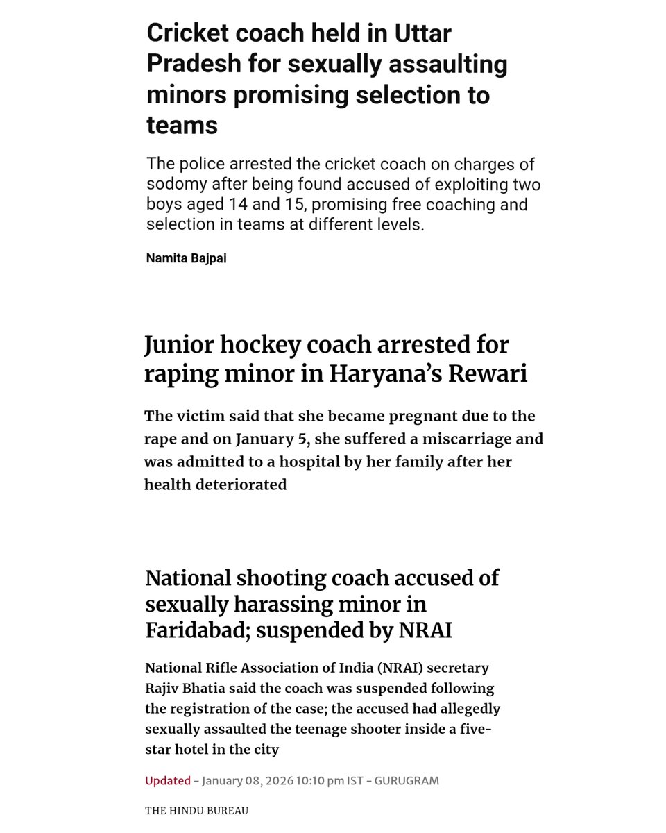 Cases of sexual harassment in last 1 Month 😡

How many more cases before athlete safety becomes a priority?

Repeated arrests of coaches across sports expose a deep rot in our sports ecosystem.

Strict punishment for the guilty is non-negotiable. Silence only protects them!