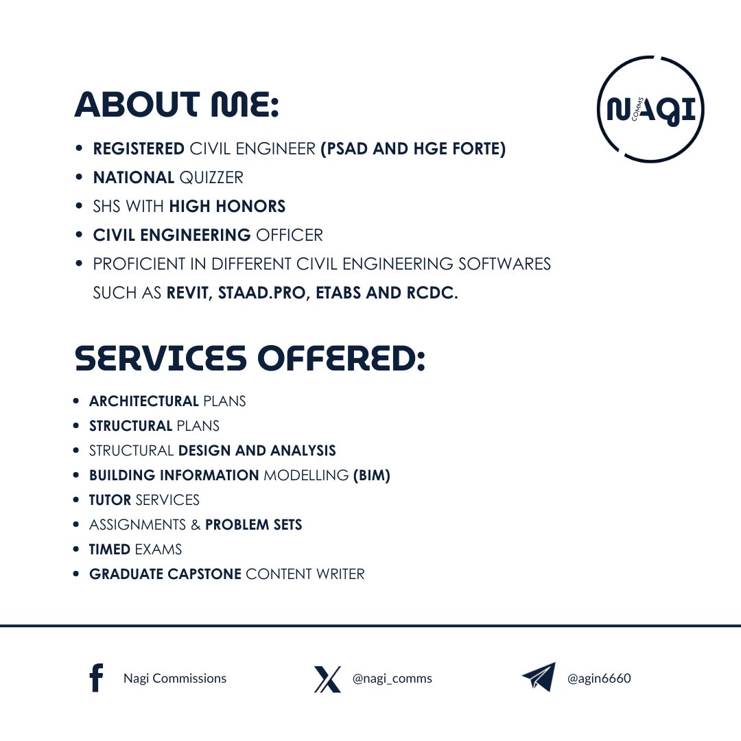 Good Afternoon Guys!

Slots are now long-term tasks! Check out my services below!     

Statics of Rigid Bodies | Strema | Theory of Structures | Steel Design | RCD | Geotechnical Engineering | Fluid Mech | Hydraulics | DE #CEcommissioner