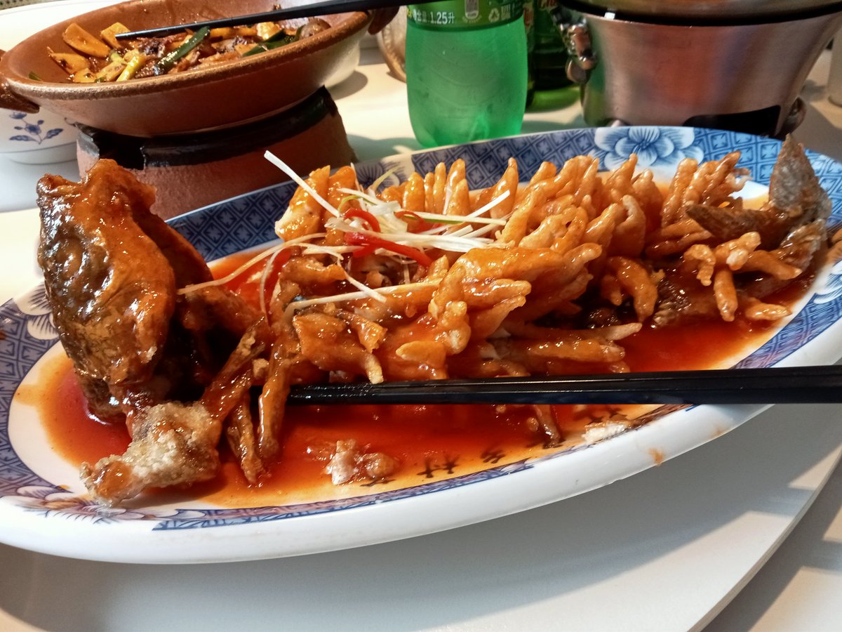 ปลากระรอก(松鼠桂鱼) ไม่ใช่ทำจากกระรอกหรือชื่อปลาพันธุ์กระรอก🤣

แต่เป็นวิธีการแล่เนื้อปลาเป็นริ้วไม่ให้ขาด
คลุกแป้งให้ทั่ว
ลงทอดอย่างระมัดระวังไม่ให้ติดกัน
จนเนื้อปลาฟูพองเหมือนหางกระรอก

ราดน้ำปรุงรสเปรี้ยวหวานสดชื่น
เข้ากับความกรุบกรอบ
เป็นอาหารเด่นเจียงซูค่ะ👍