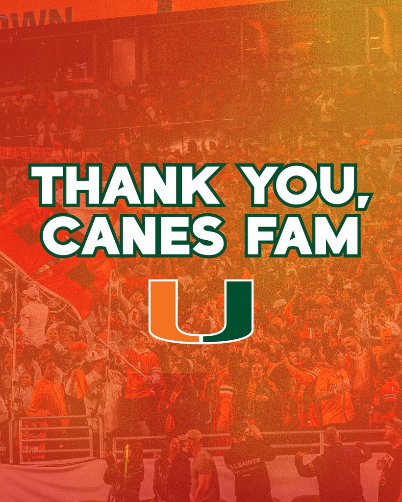 Thank you for being there every step of the way. A historic season comes to a close in the National Championship. With your support, this @canesfootball team defied the odds and made us proud with its passion, relentlessness, and perseverance. 
We will see you next season.