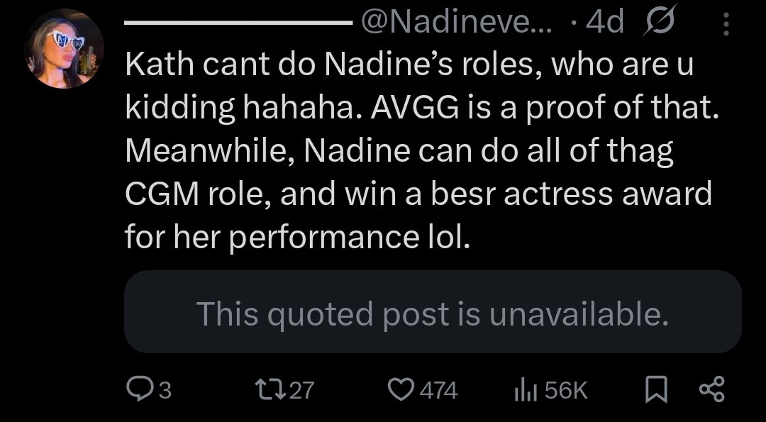 Cleo3rd's tweet image. Kath shines in romcoms and that'll NEVER diminish her acting prowess! People pay to watch her and she always delivers.

AVGG? she tried something diff, tore her role up,won the famas y'all rate too highly and
That's just the beginning..

One has demand
The other has x discourse