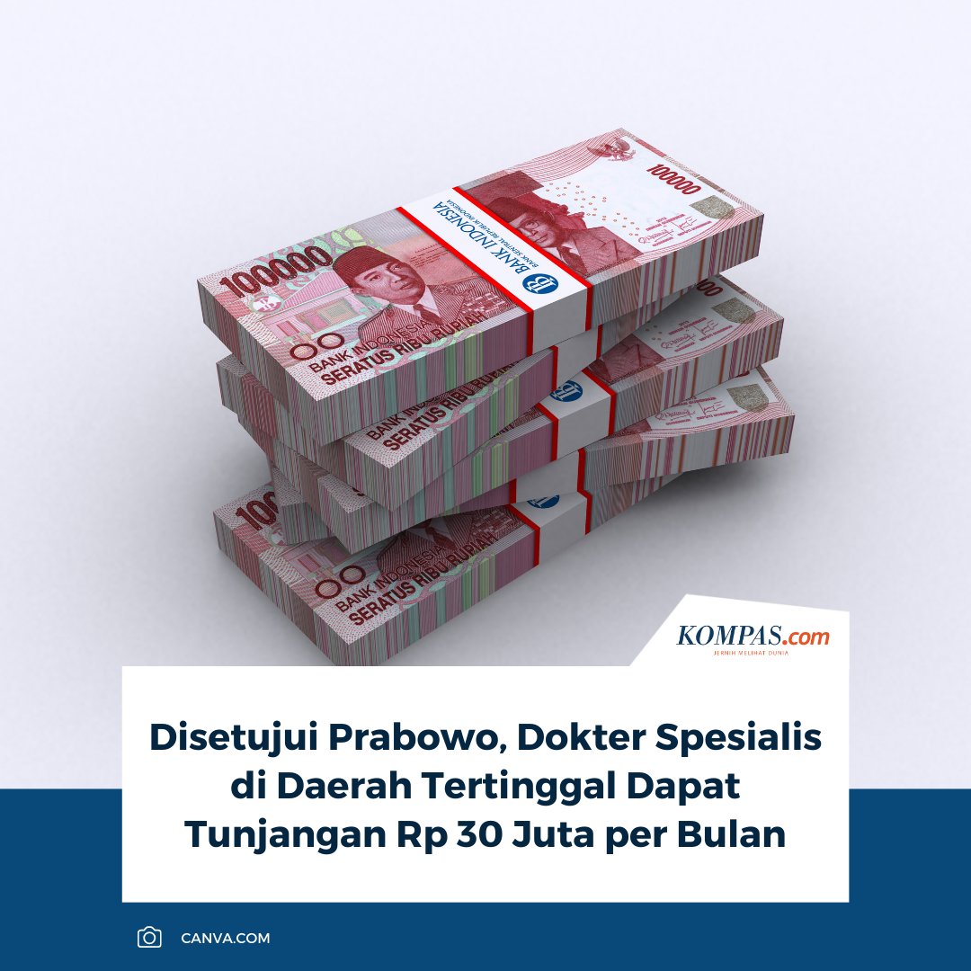 kompascom's tweet image. Pemerintah memberi tunjangan Rp 30 juta per bulan bagi 1.500 dokter spesialis di daerah tertinggal. Langkah ini untuk menutup masalah anggaran RSUD di daerah.

Baca selengkapnya: nasional.kompas.com/read/2026/01/2…

_RKD #tunjangan #dokter #30juta
