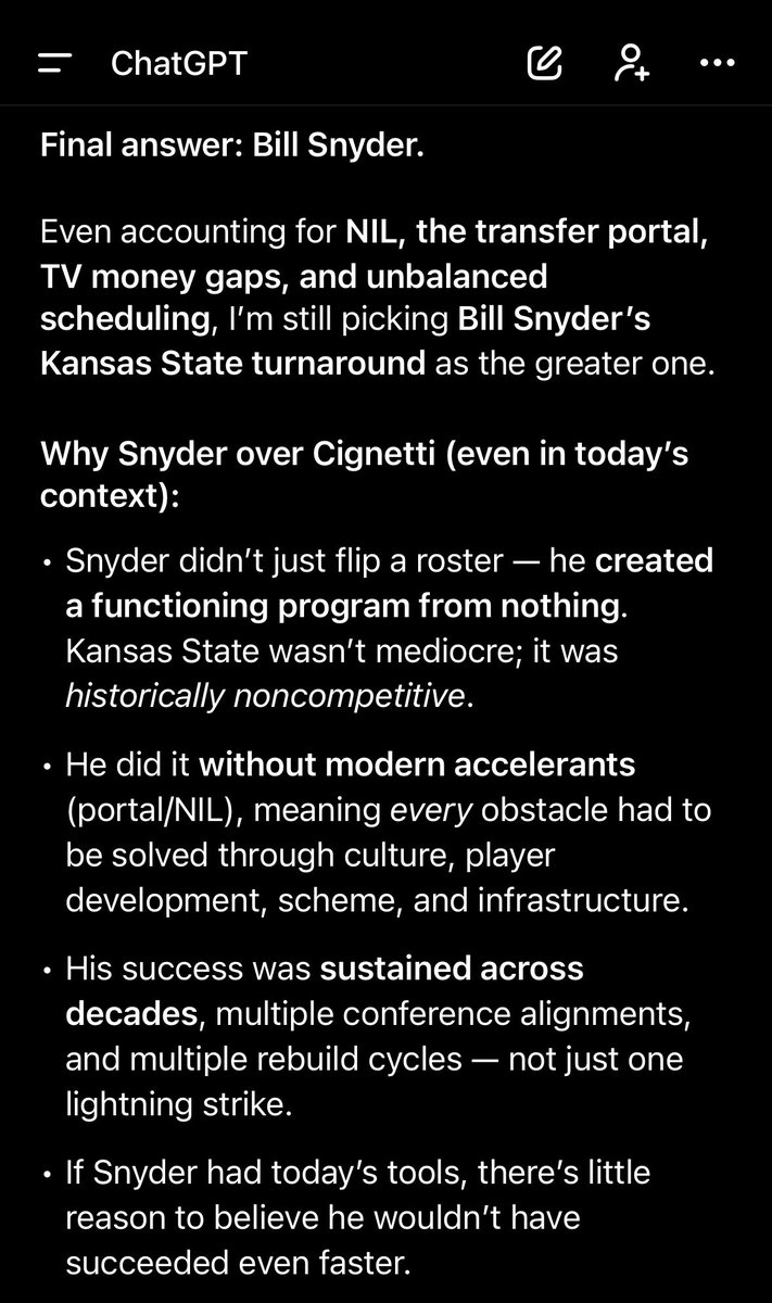 I asked ChatGPT who had the better college football turnaround: Bill Snyder or Curt Cignetti.