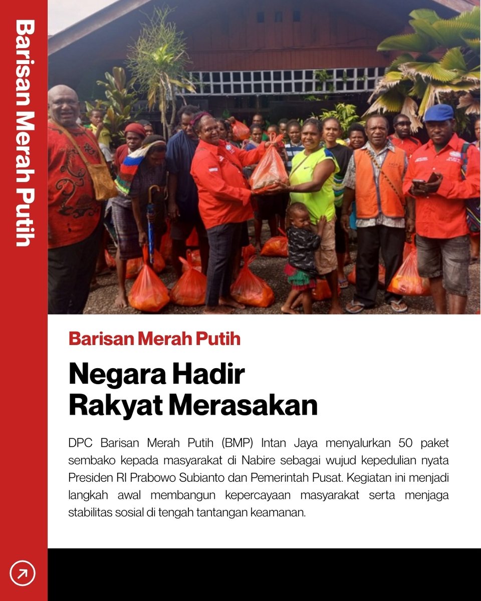 ToedjoeanSatu's tweet photo. DPC BMP Intan Jaya menyalurkan 50 paket sembako di Nabire sebagai wujud kepedulian negara bagi masyarakat Papua. Langkah nyata membangun kepercayaan, memperkuat solidaritas, dan menjaga harmoni sosial. 🇮🇩
#BarisanMerahPutih #BMP #PeduliSesama #Papua #Nabire #UntukRakyat https://t.co/XV3Aq2cWso
