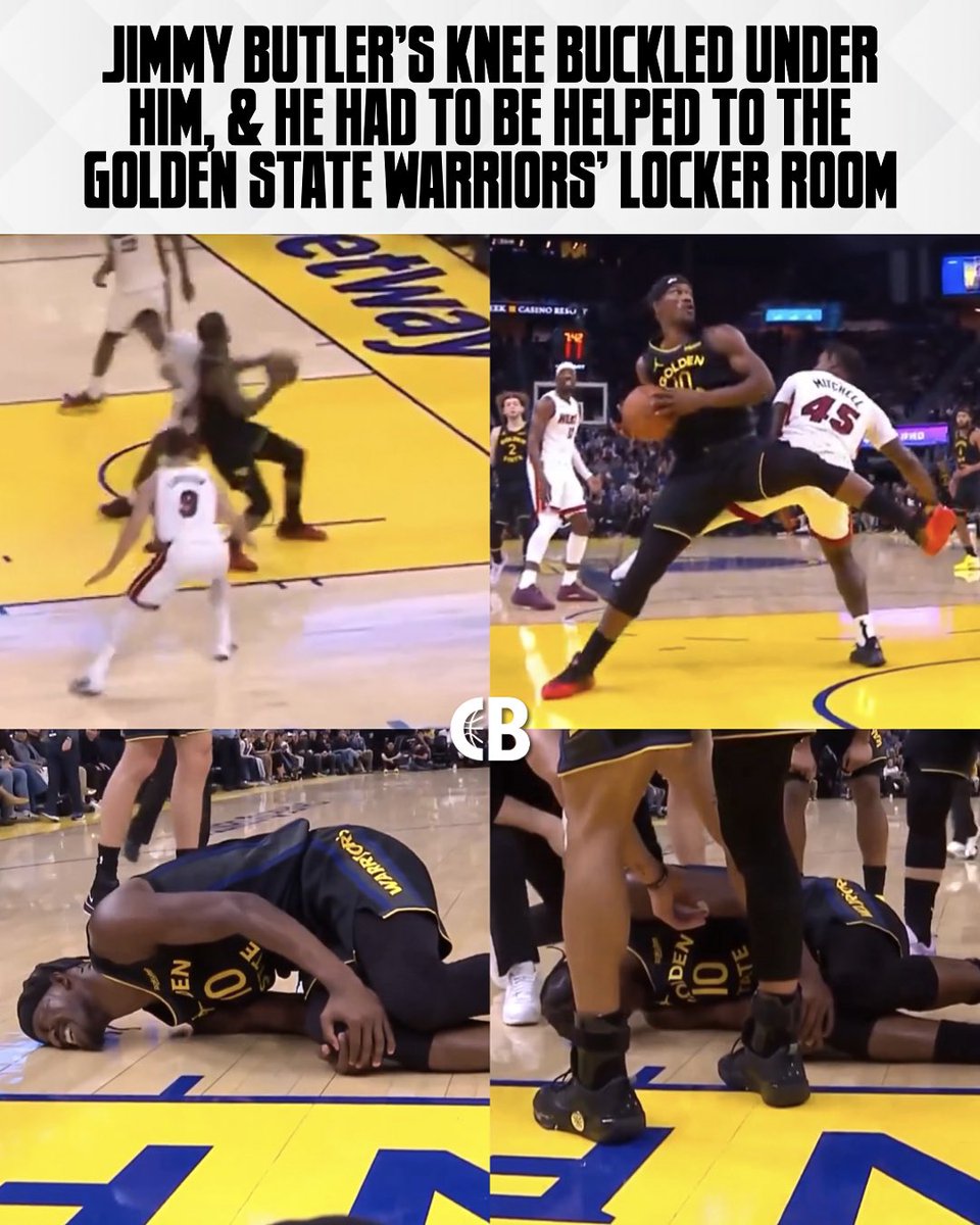 CourtsideBuzzX's tweet photo. BREAKING: Jimmy Butler’s knee buckled under him, &amp; he had to be helped to the Golden State Warriors’ locker room. 

Get well soon, Jimmy! 🙏 https://t.co/rUHRdPL2Wt