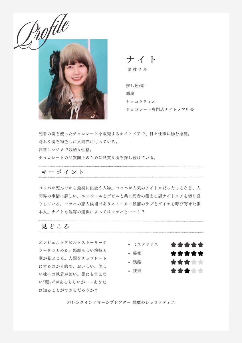 みぃ※プロフィール必見※ 悪魔のショコラティエ キャラクタープロフィール】 観客が訪れる
