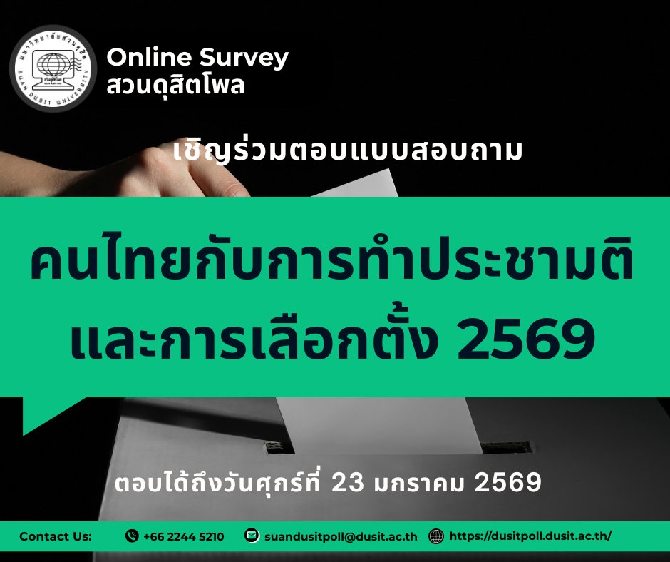 SuanDusitPoll's tweet photo. สวนดุสิตโพล มหาวิทยาลัยสวนดุสิต ขอเชิญร่วมแสดงความคิดเห็น เรื่อง "คนไทยกับการทำประชามติและการเลือกตั้ง 2569" ตาม Link นี้ https://t.co/IxbgAuDJCc
ขอบพระคุณเป็นอย่างสูง

#มหาวิทยาลัยสวนดุสิต #SuanDusitPoll #สวนดุสิตโพล #การเมืองไทย #เลือกตั้งใหญ่ #นโยบาย #ประชามติ #เลือกตั้ง69 https://t.co/b8mcb2RLCQ