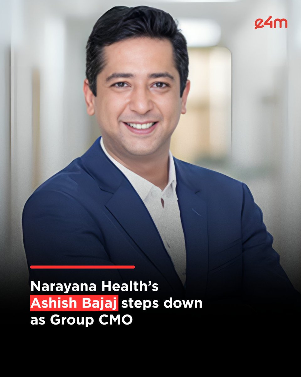 e4mtweets's tweet image. Narayana Health’s Ashish Bajaj steps down as Group CMO. 
He was associated with Narayana Health for almost 4 years. 

Read the full story: exchange4media.com/people-movemen…

#AshishBajaj

#e4m #LeadershipUpdate #HealthcareMarketing #CMOMovement #IndustryMoves