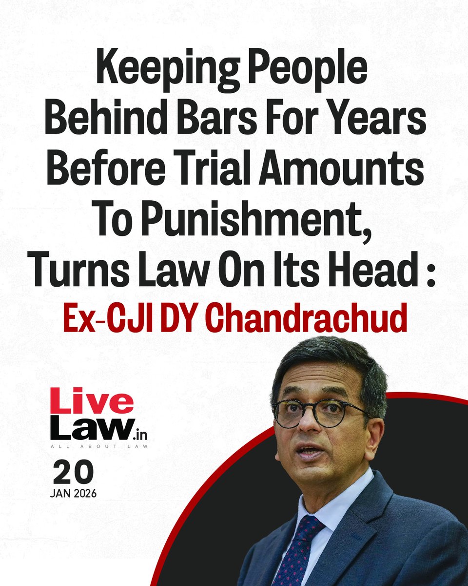LiveLawIndia's tweet photo. Former Chief Justice of India DY Chandrachud has said that undertrial custody should not become a form of punishment by keeping people in jail for years. If there is no likelihood of the trial ending within a reasonable period, then the fundamental rights to speedy trial and right to life should be given a priority, and the undertrial should be granted bail.
Read more: https://t.co/DAriSOFqyd