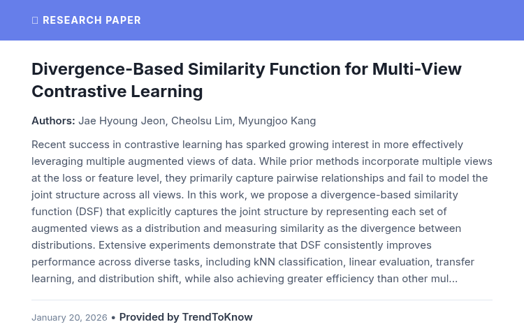aitrendings's tweet photo. TrendToKnow AI: Divergence-Based Similarity Function for Multi-View Contrastive Learning

👥 Jae Hyoung Jeon, Cheolsu Lim &amp; Myungjoo Kang

#AIResearch #ContrastiveLearning #MultiViewLearning #DeepLearning

Provided by TrendToKnow AI
🔗 https://t.co/LKJEWWPS4X https://t.co/iWkVEBJpSt