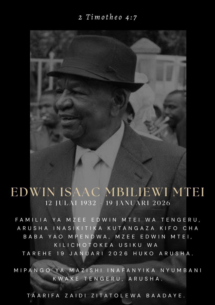 Pumzika kwa amani Mzee Edwin Mtei 🙏🏽
 Vita umepigana vema umeacha mbegu bora na mafanikio mengi! Hatuna deni na wewe!
I will never forget your generosity and unique insights for the brief time that I was privileged tp interview you! Nafurahi umeacha na kitabu na maandiko ya kazi