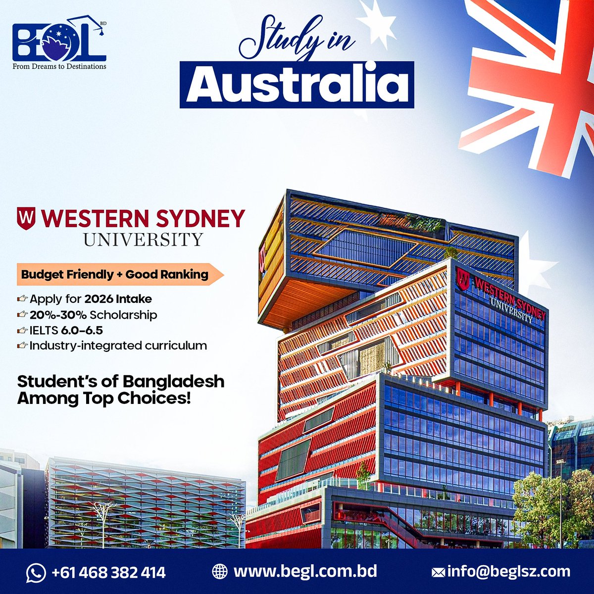 begl_bd's tweet photo. 🎓 Study in Australia 🇦🇺
Western Sydney University ✨
2026 Intake Open | Scholarship Available 💰

#StudyInAustralia #WSU #StudyAbroadDream #2026Intake https://t.co/kOaD7Zz8tD
