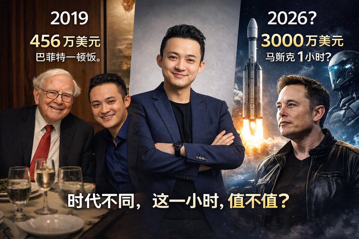 2019 年孙哥花456 万美元（≈ 3100 万人民币） 拍下了与巴菲特@WarrenBuffett 的午餐。 7 年后他愿意出3000 万美元（≈  2.06 亿人民币） 只为和马斯克@elonmusk 交谈1 小时。 问题来了：这一次，会成功吗？