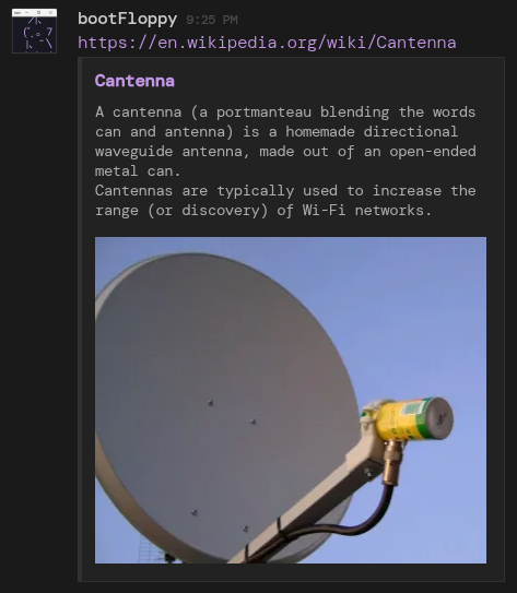 bootfloppy_'s tweet image. if i get banned from multiple discord servers for having the english wikipedia link for cantenna in my status i will laugh and then cry